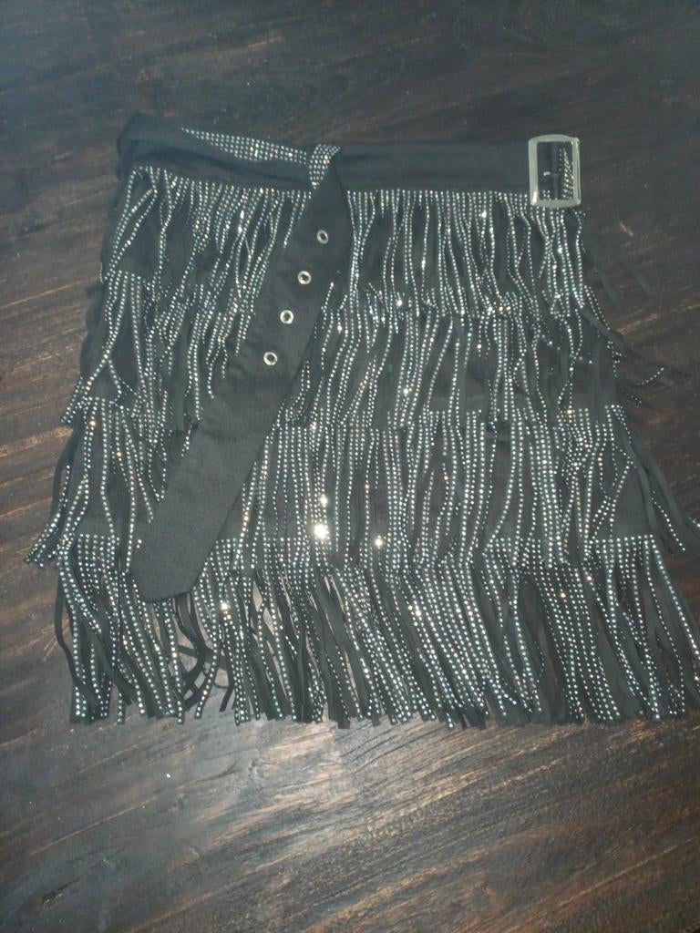 Zwart franje rokje met glitters en riem, Kleding | Dames, Zwart, Ophalen of Verzenden, Maat 36 (S), Boven de knie