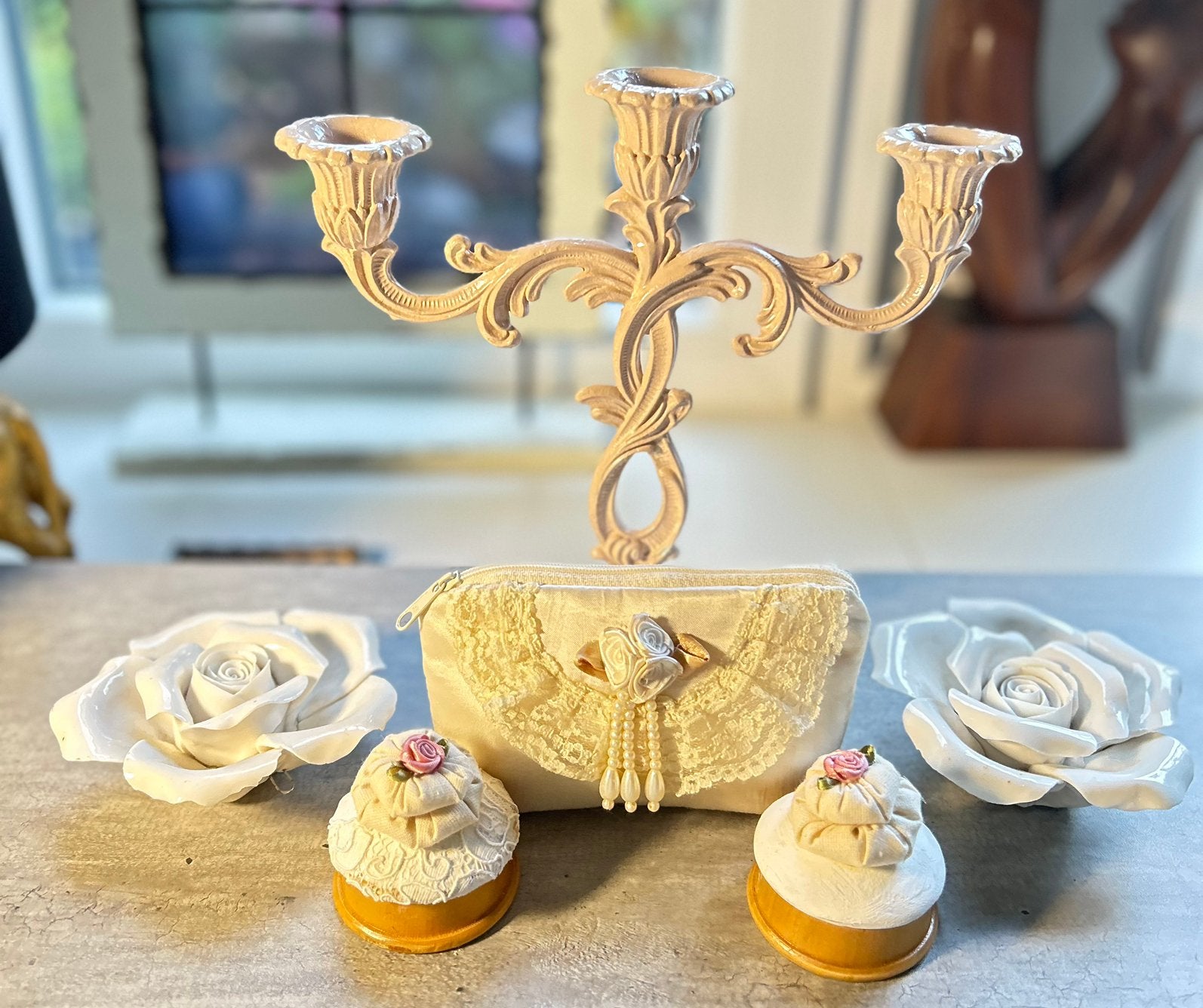 Mooie vintage items, kandelaar, tasje, rozen, doosjes, Antiek en Kunst, Ophalen of Verzenden