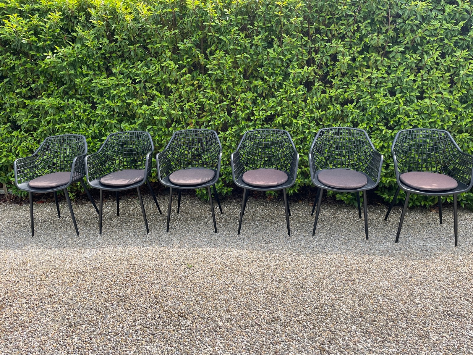 Set van 6 zwarte webbing tuinstoelen (Kwantum) met kussens, Ophalen, Kunststof, Gebruikt, Zwart
