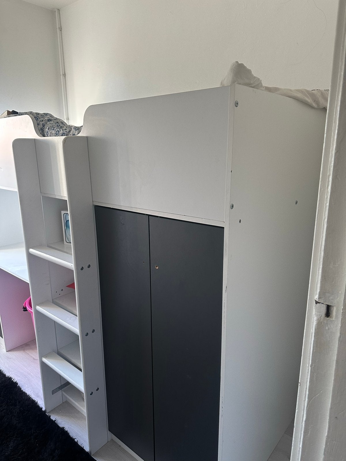 Hoogslaper met bureau en kast - Wit/Grijs, Huis en Inrichting, Gebruikt, Eenpersoons, Ophalen of Verzenden, 200 cm