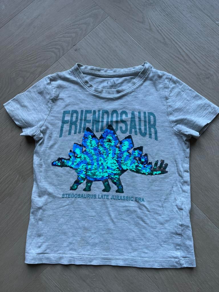 C&A grijs shirtje dino pailletten maat 110, Ophalen of Verzenden, Zo goed als nieuw, Jongen, Shirt of Longsleeve