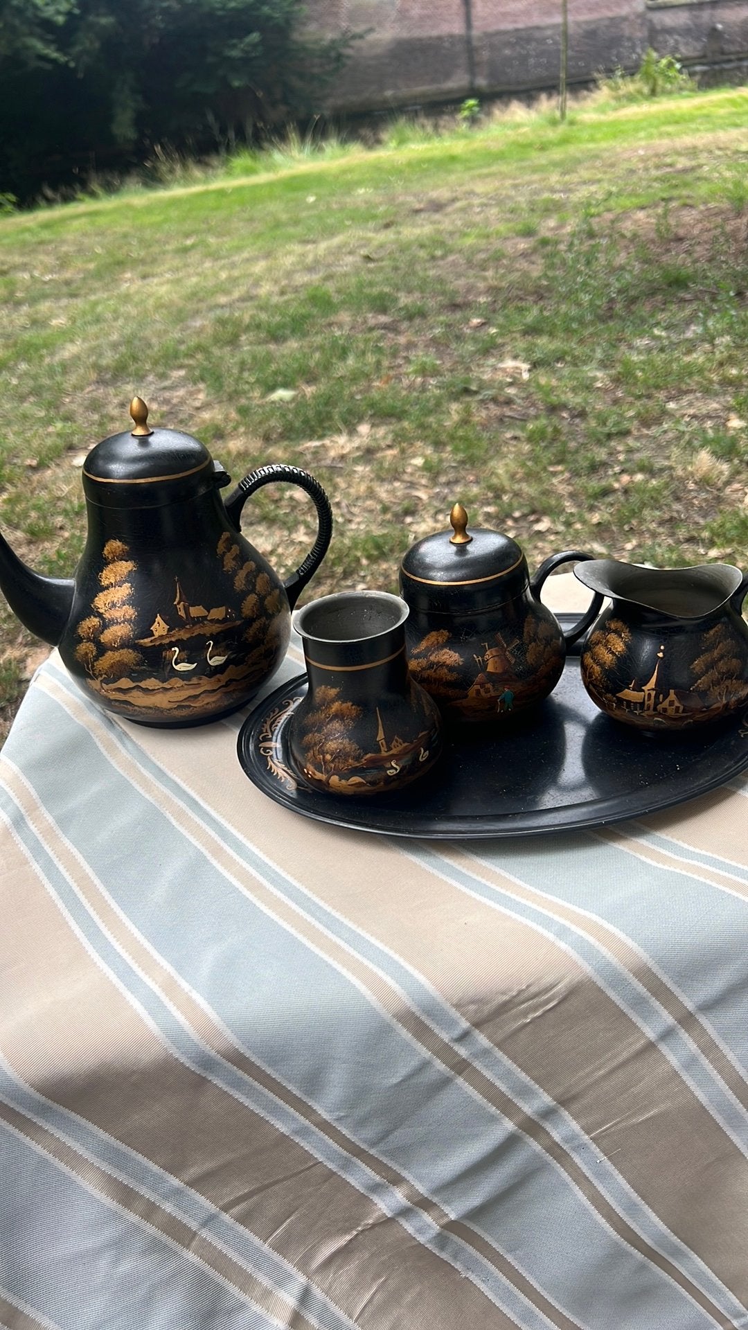 Vintage Delftin handbeschilderde koffie-/theeset +dienblad, Ophalen of Verzenden