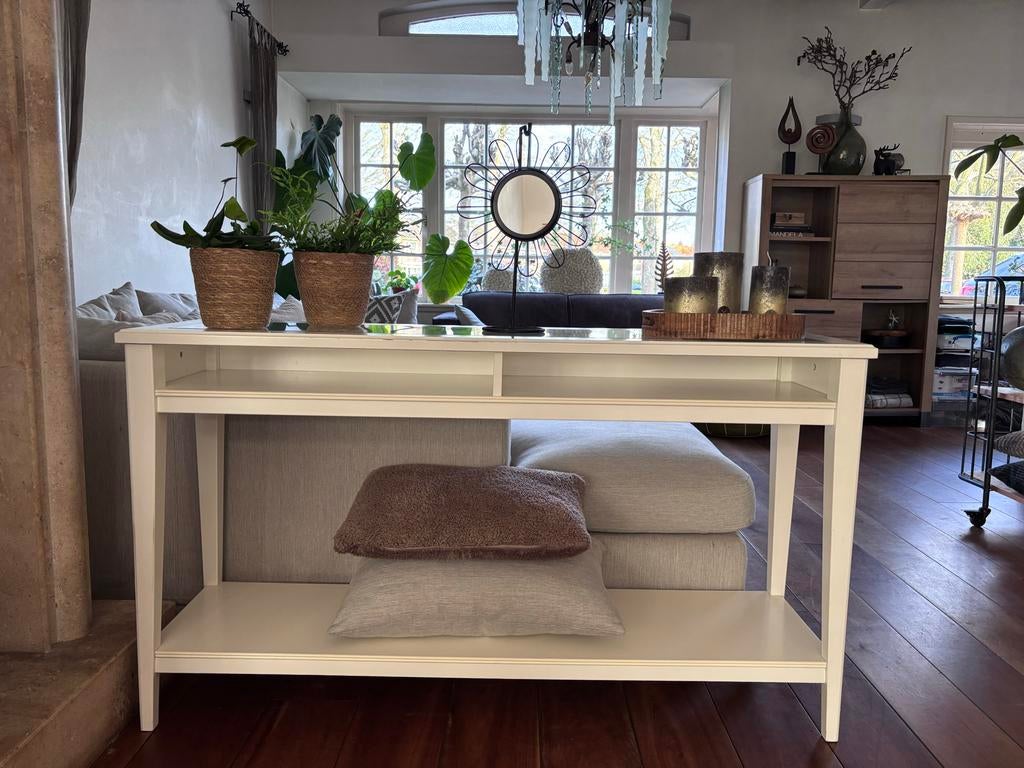 Witte sidetable met glasplaat, Huis en Inrichting, Tafels | Sidetables, Ophalen, Gebruikt, 100 tot 150 cm, Glas