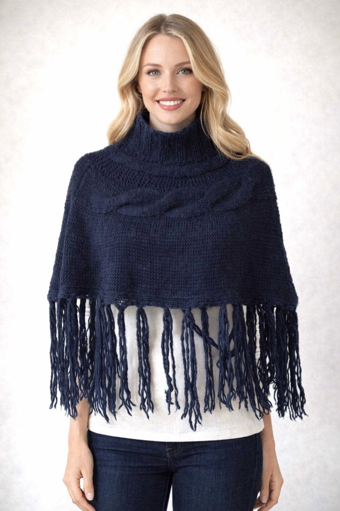 Boho style marineblauw gebreide poncho/ col/franjes/mt.36/38, Maat 38/40 (M), Made in Italy, Blauw, Ophalen of Verzenden
