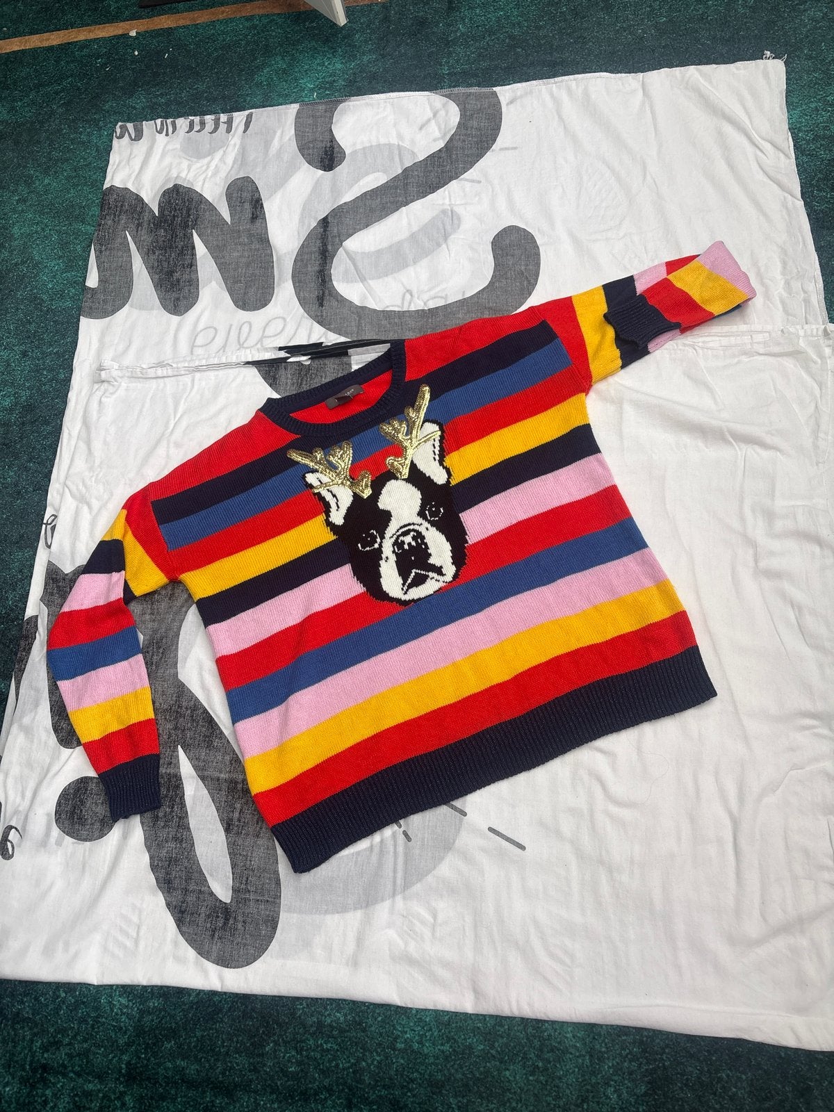 Gestreepte trui met Boston Terrier en gouden gewei, Kleding | Dames, Ophalen of Verzenden, Gedragen, Maat 38/40 (M), Meerkleurig