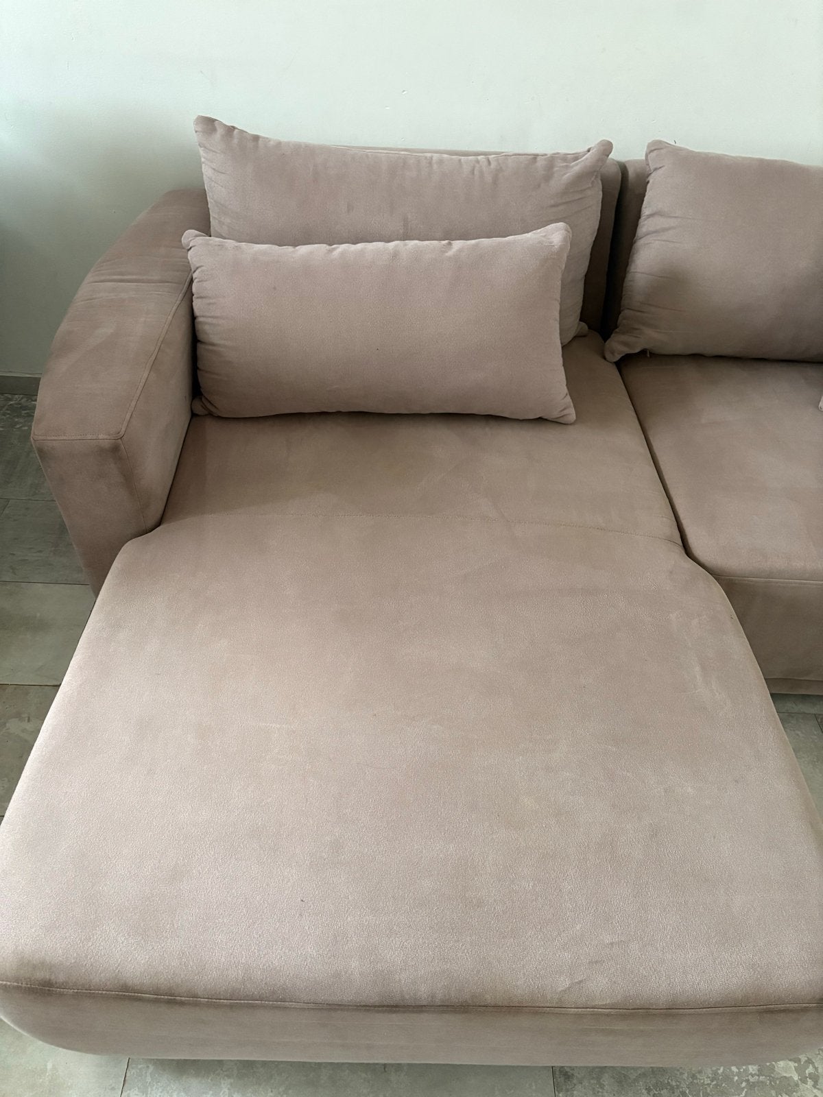 Comfortabele Hoekbank met Longchair - Roze/Beige Stof, Ophalen, 250 tot 300 cm, 100 tot 125 cm, Hoekbank