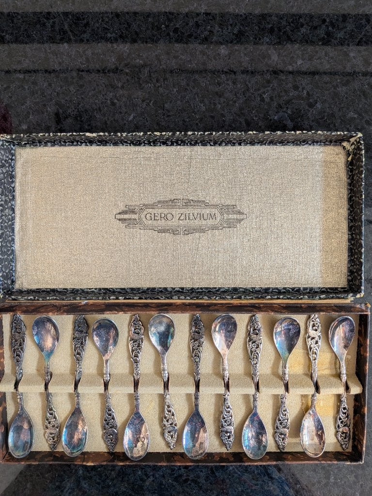 Set van 12 gero zilvium theelepeltjes in originele doos, Antiek en Kunst, Antiek | Bestek, Ophalen of Verzenden