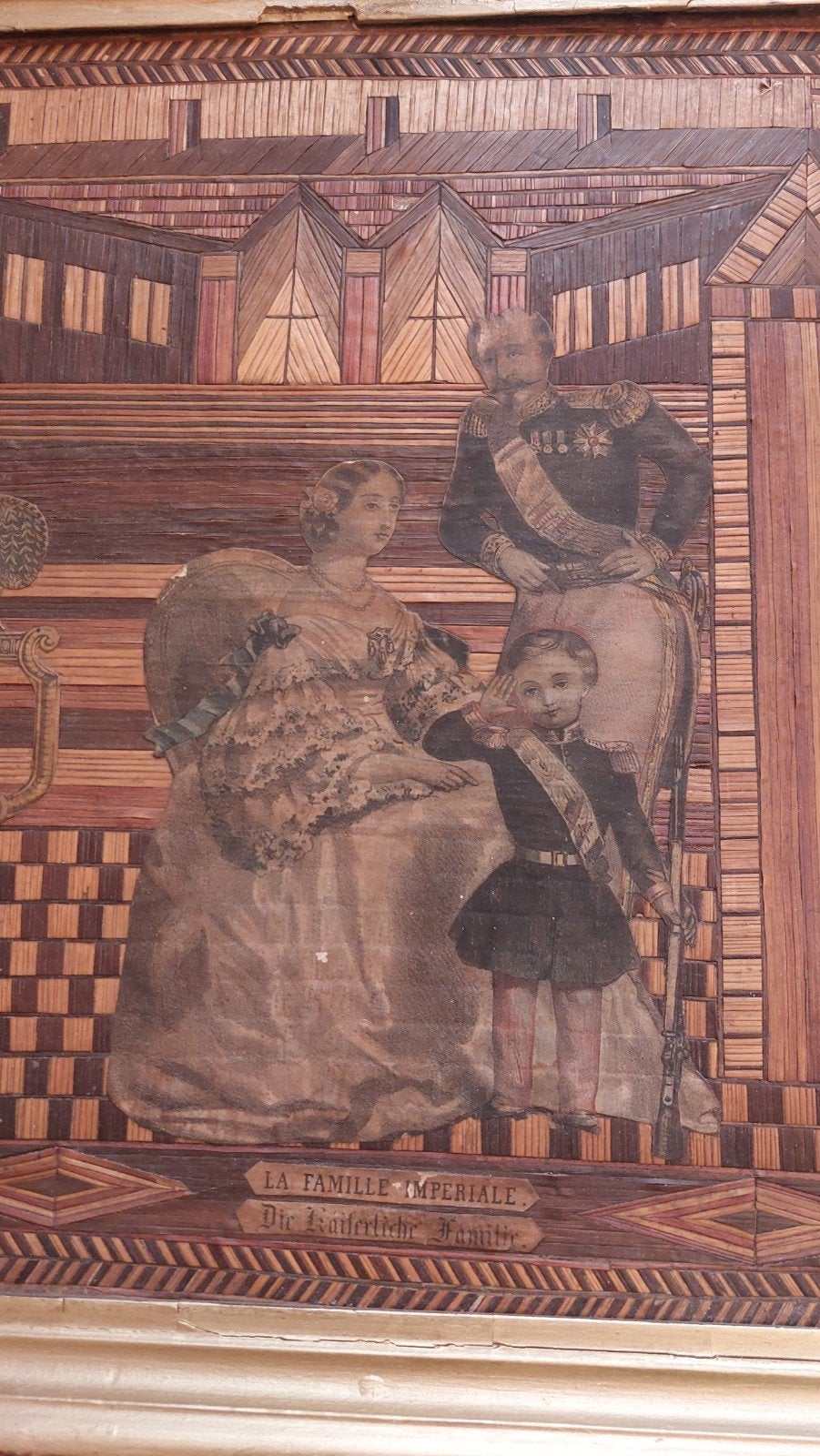 19e eeuw strootjesmarqueterie Frankrijk volkskunst Napoleon, Portret of Personen, Ophalen of Verzenden, Klassiek, Ingelijst