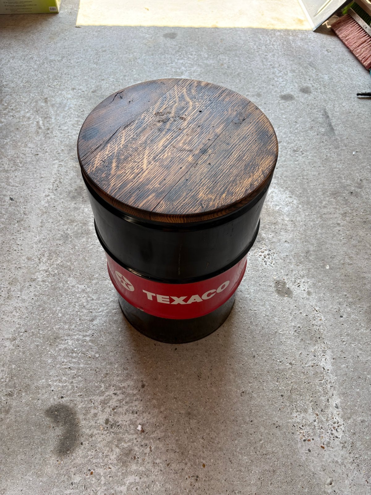 Unieke Olievat Kruk - Texaco Design met Houten Zitting, Ophalen, Gebruikt, IJzer