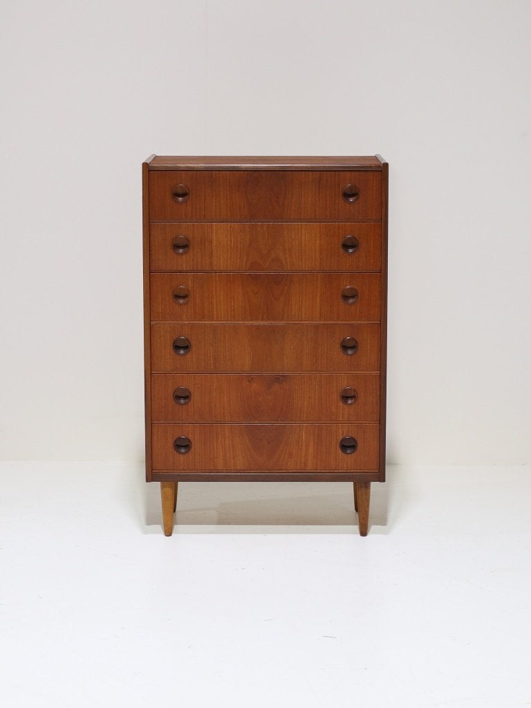 Hoge ladekast teak vintage Deens 1960s, Ophalen, 100 tot 150 cm, -, Teakhout