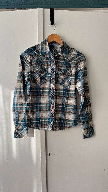 Vintage geruite katoenen blouse western preppy 34 36, Blauw, Ophalen of Verzenden, Zo goed als nieuw, Vintage
