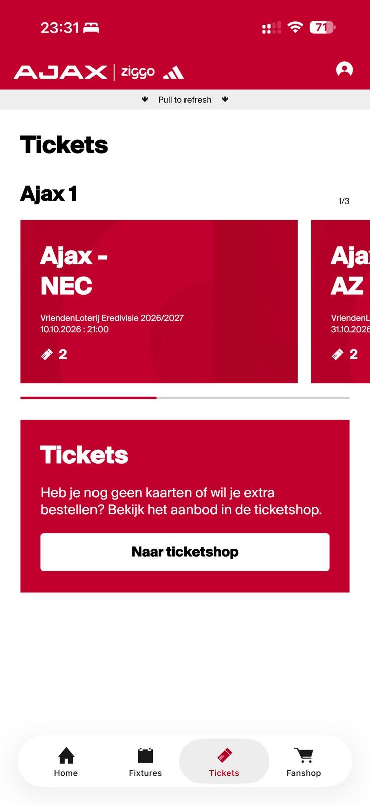 Ajax nec 2 x hoofdtribune, Tickets en Kaartjes, Twee personen, Februari