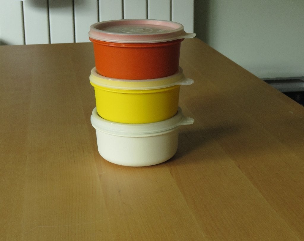 Tupperware 3 Ruimte Schaaltjes RETRO Bruin, Geel, Creme, Ophalen, Gebruikt, Bruin, Bewaardoos