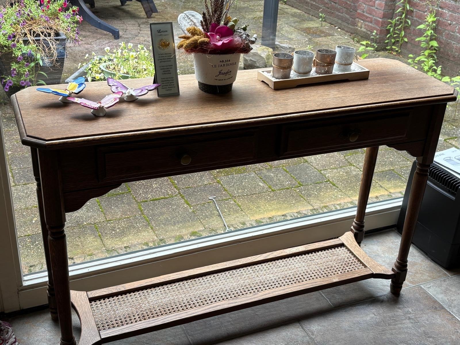 Sidetable met lade en rotan plank - 37x120x72 cm, Huis en Inrichting, Tafels | Sidetables, Ophalen, Gebruikt, 100 tot 150 cm, Overige houtsoorten