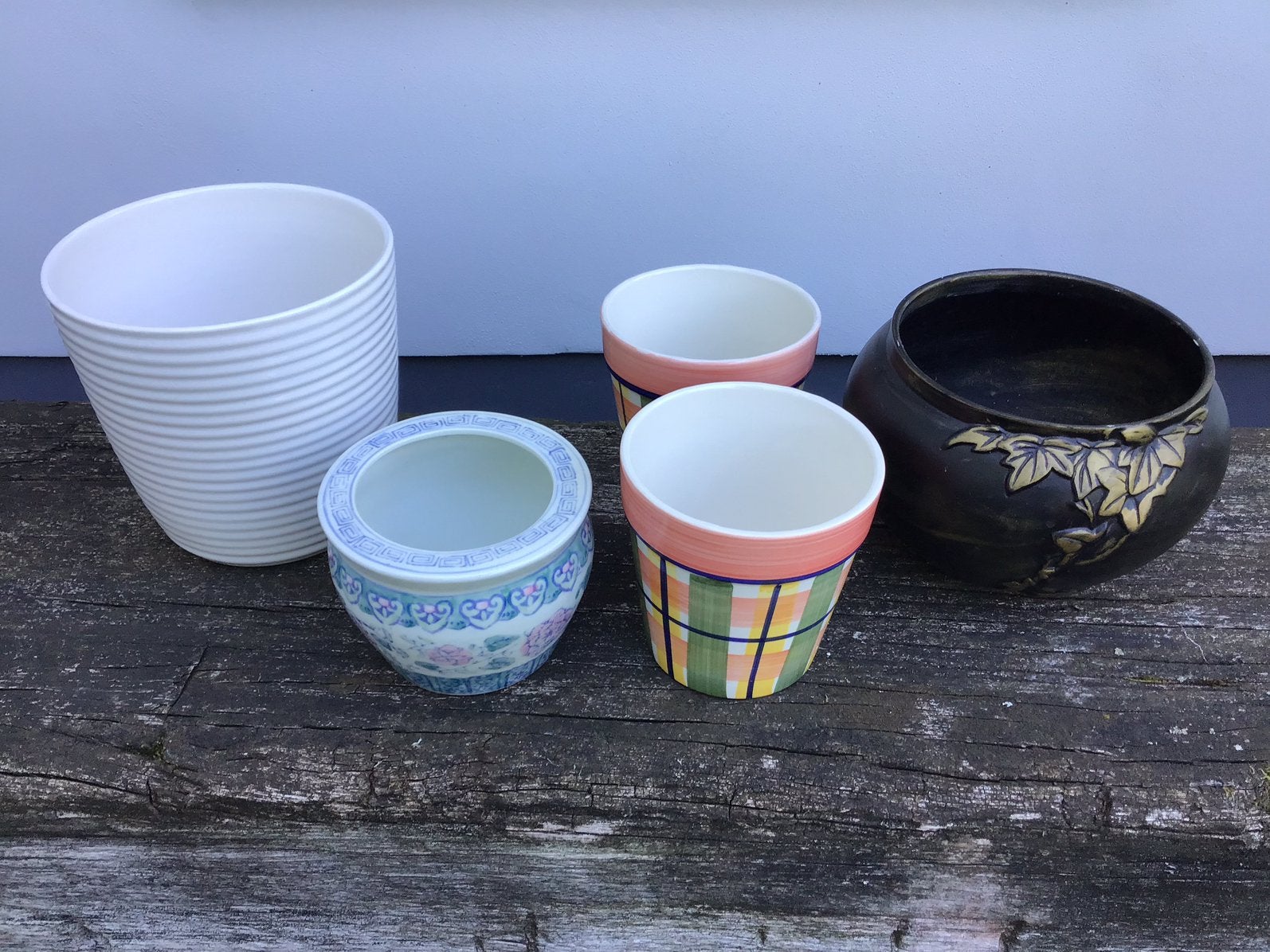 5 Bloempotten - Chinees - Geruit - Klassiek - Wit, Tuin en Terras, Bloempotten, Rond, Ophalen of Verzenden, Zo goed als nieuw