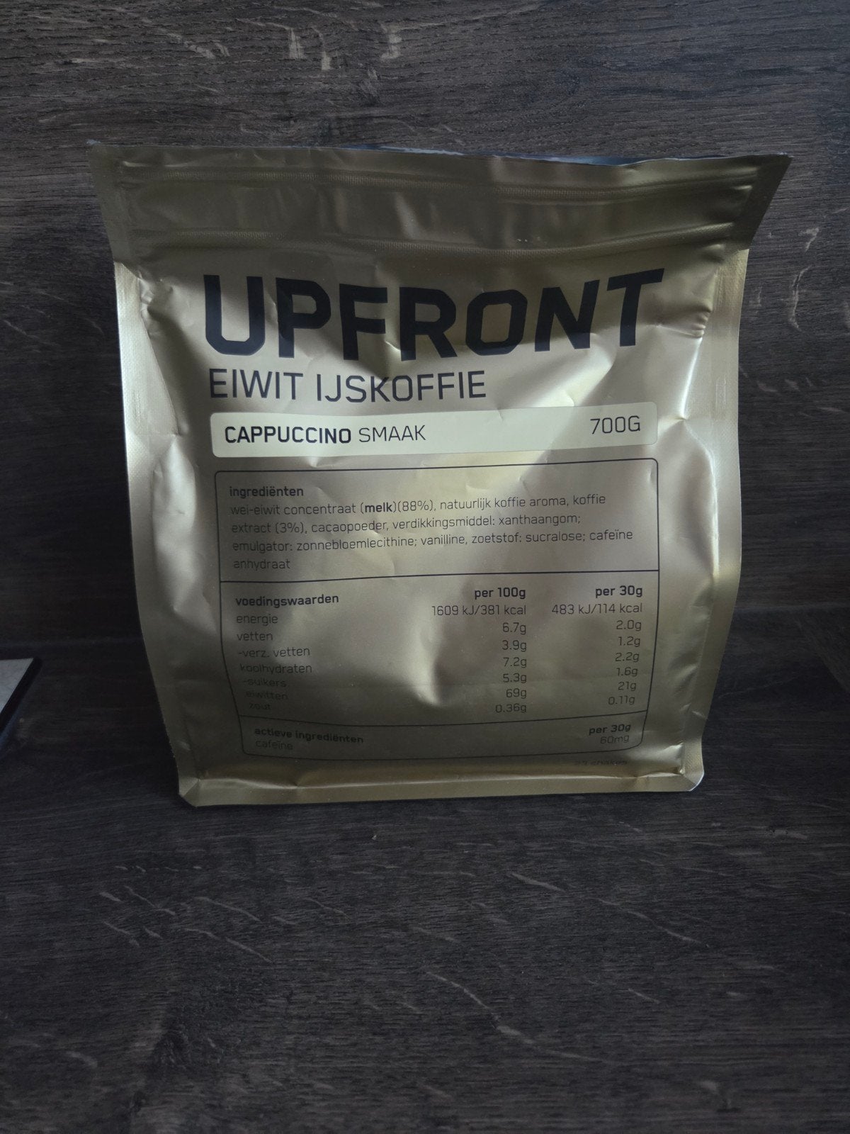 UPFRONT Eiwit IJskoffie Cappuccino Smaak 700g, Ophalen of Verzenden, Zo goed als nieuw, Poeder of Drank