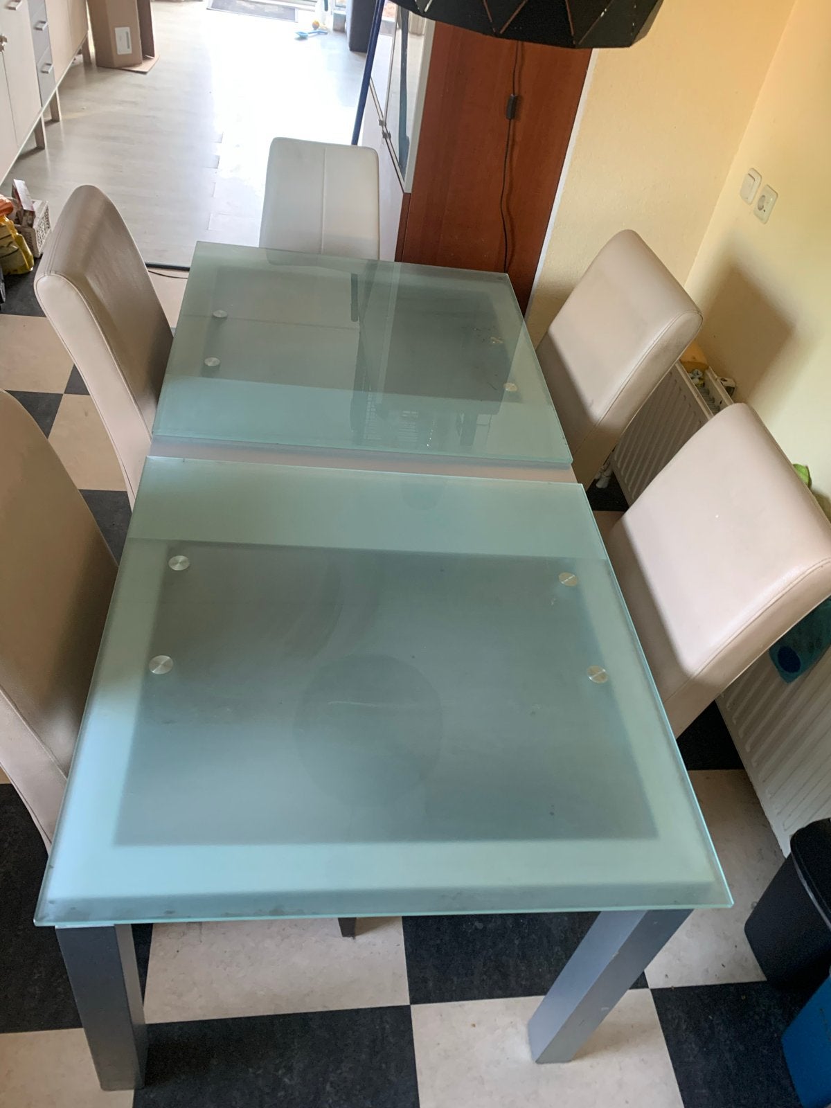 Uitschuifbare eettafel met matglas blad, Ophalen, Gebruikt, 200 cm of meer, 50 tot 100 cm