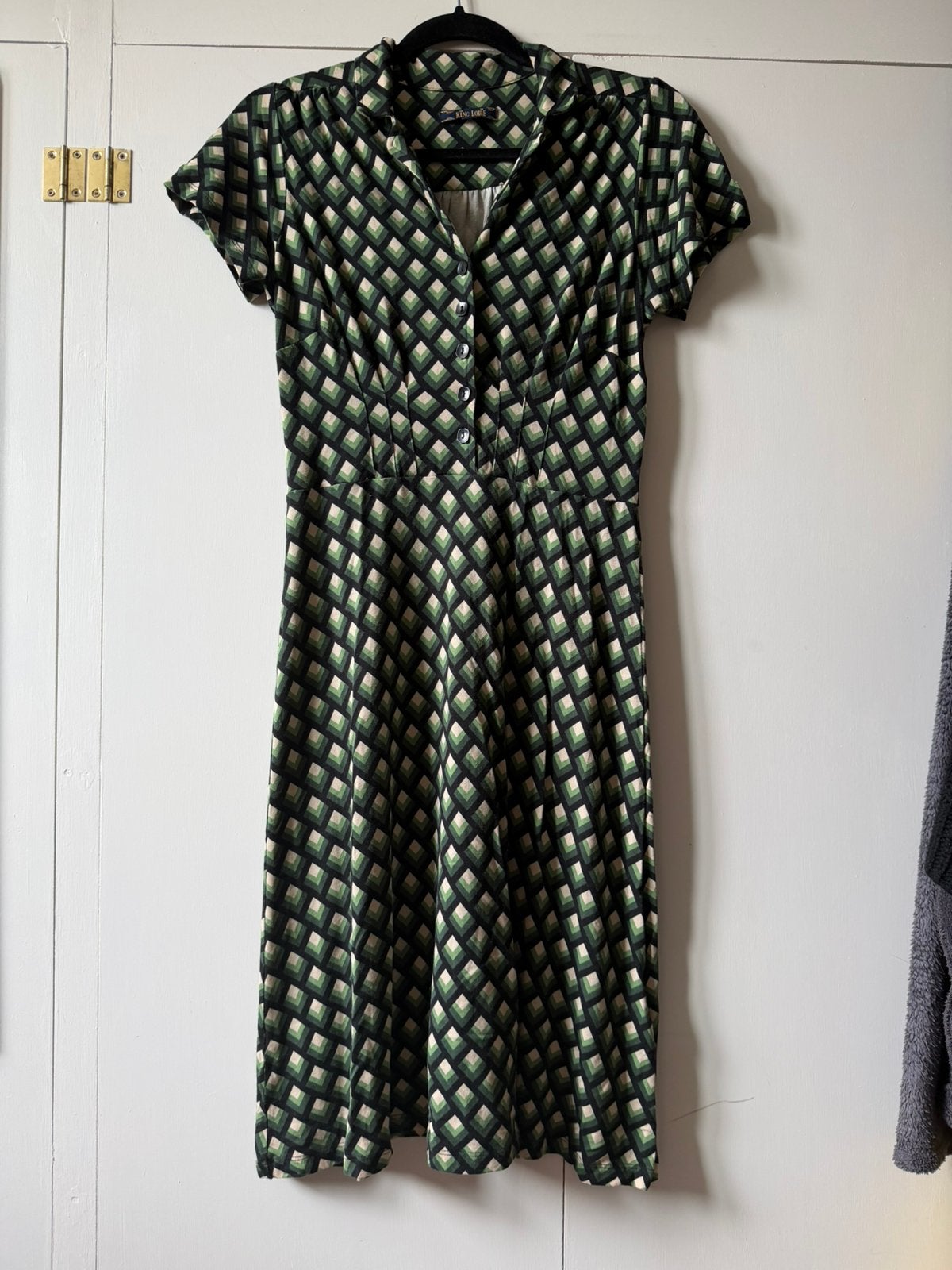 King Louie diner dress S geoen, Kleding | Dames, Jurken, Ophalen of Verzenden, Knielengte, Maat 36 (S), Gedragen