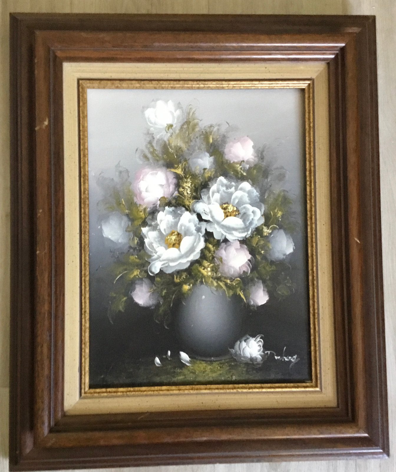 ANTIEK GESIGNEERD BLOEMENSCHILDERIJ MET HOUTEN LIJST, Antiek en Kunst, Ophalen of Verzenden