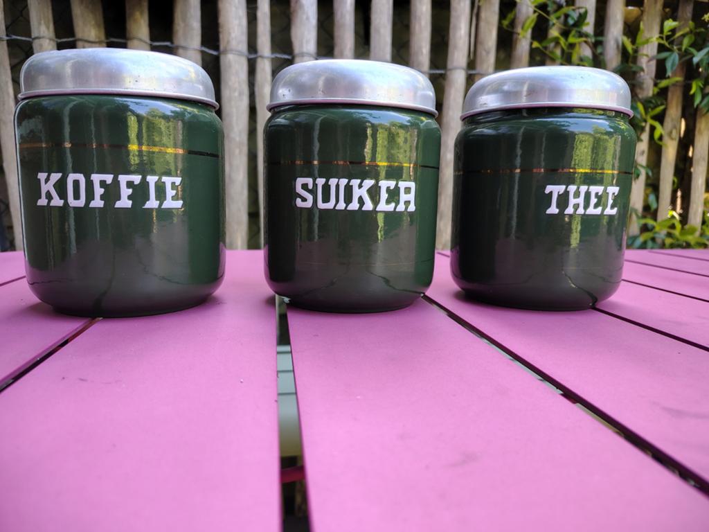 Vintage Groene Emaille Bewaarbussen - Koffie, Suiker, Thee, Ophalen of Verzenden
