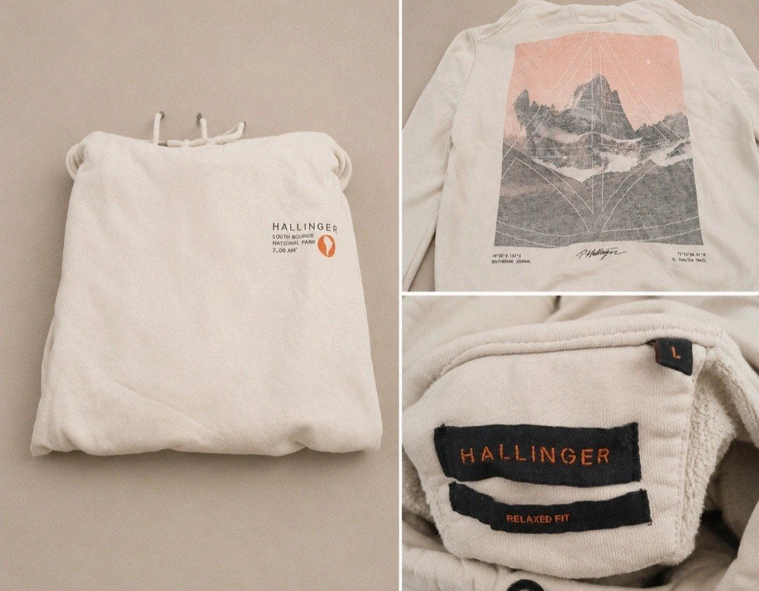 HALLINGER Hoodie Beige met bergprint Maat L, Maat 52/54 (L), Hallinger, Beige, Ophalen of Verzenden