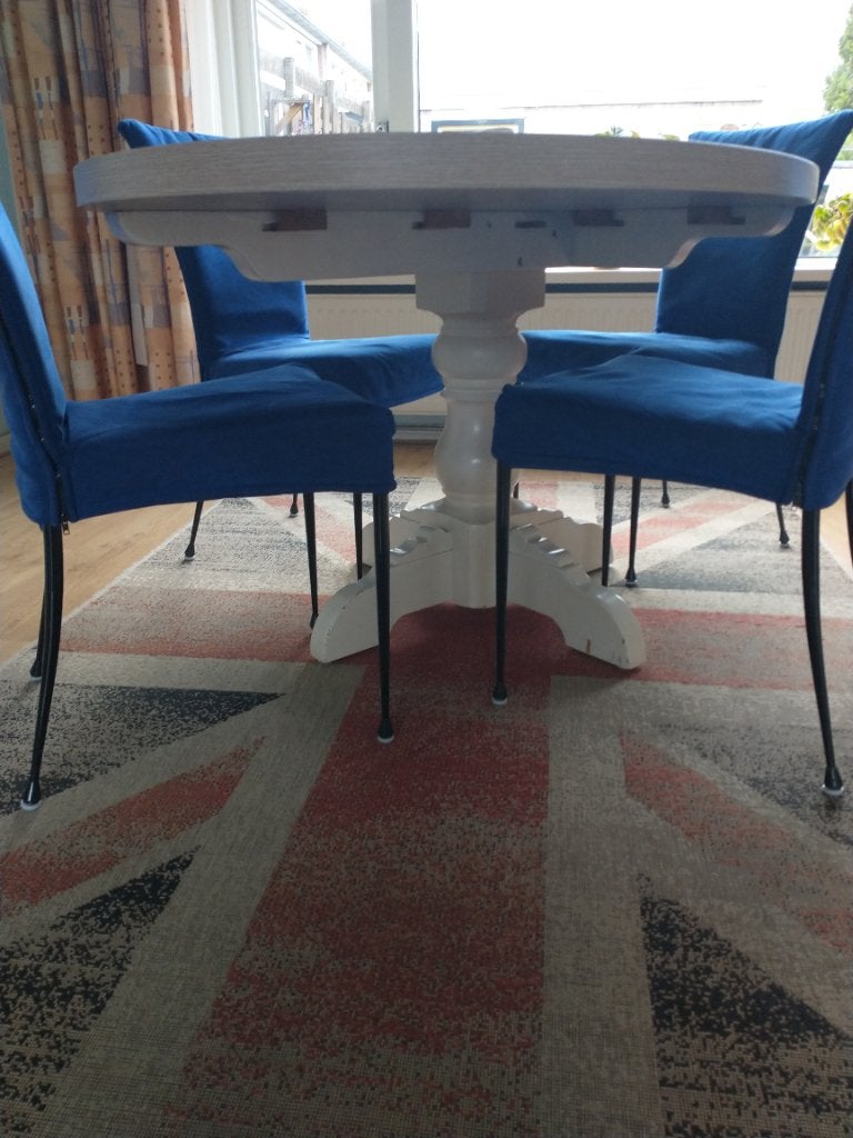 Complete eethoek ovale houten tafel met 4 blauwe stoelen, Huis en Inrichting, Complete eetkamers, Ophalen, Gebruikt, Modern / landelijk