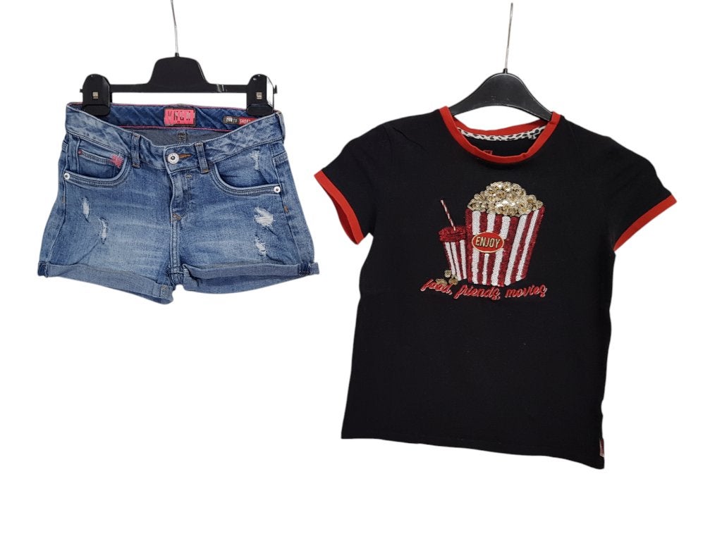 Prachtig zwart-rood WE popcorn shirtje maat 146-152., Kinderen en Baby's, Kinderkleding | Maat 146, Zo goed als nieuw, Shirt of Longsleeve