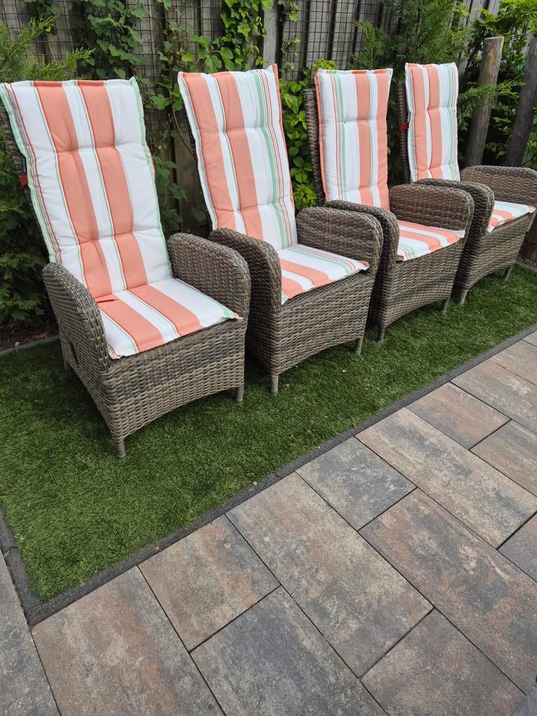 4x verstelbare tuinstoelen met kussens i.z.g.st.!, Tuin en Terras, Tuinstoelen, Ophalen, Zo goed als nieuw, Wicker, Verstelbaar