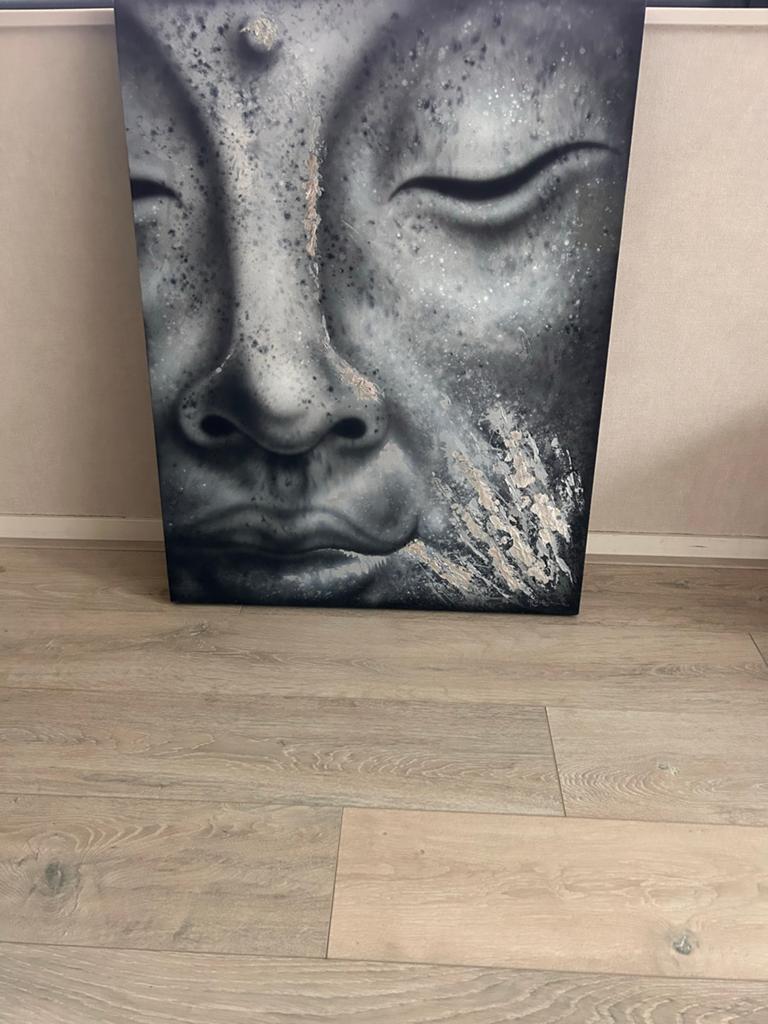 Modern Boeddha Schilderij - Grijs/Zilver met Textuur, Ophalen