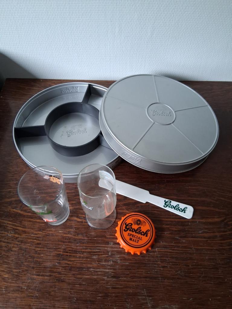Grolsch verzamelset: dienblad, glazen, flesopener, kroonkurk, Verzamelen, Ophalen of Verzenden, Gebruikt, Glas of Glazen, Grolsch