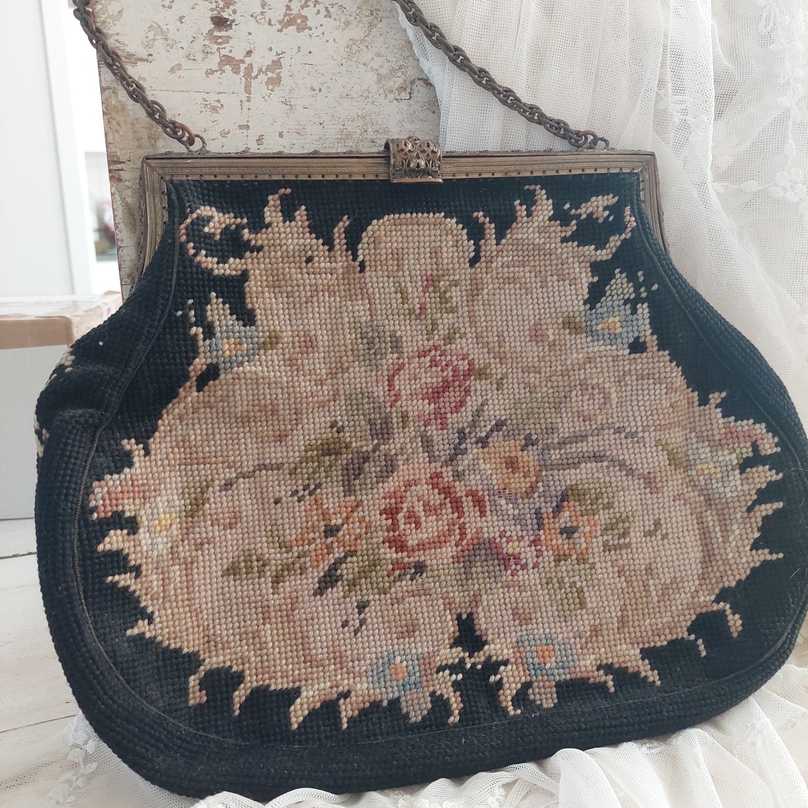 Antieke petit point beugeltas, Antiek en Kunst, Ophalen of Verzenden