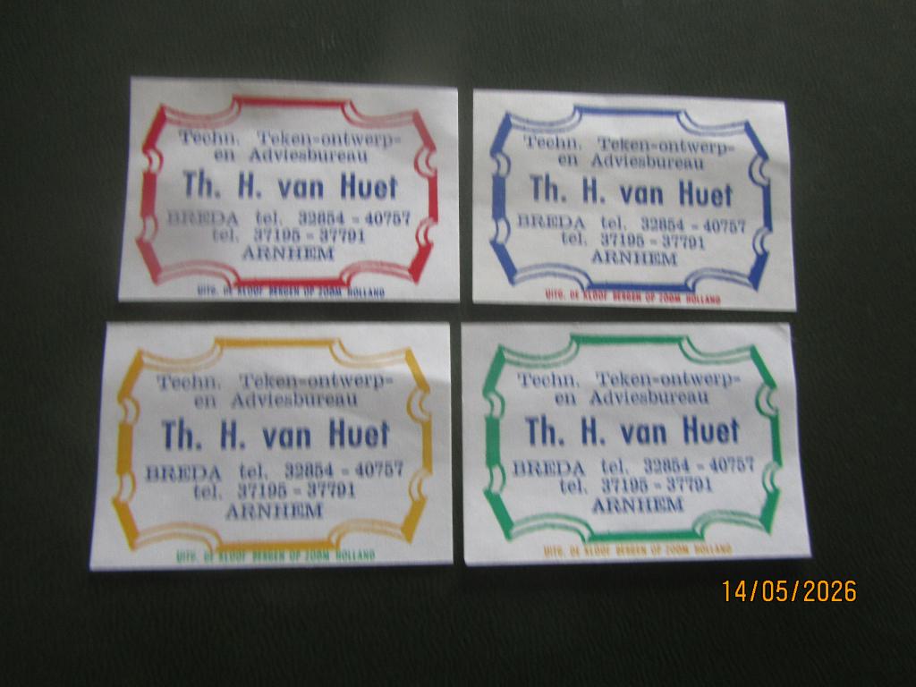 Lucifermerken Th.van Huet Arnhem Breda 4 kleuren, Ophalen of Verzenden, Gebruikt, Luciferdoosjes of -merken