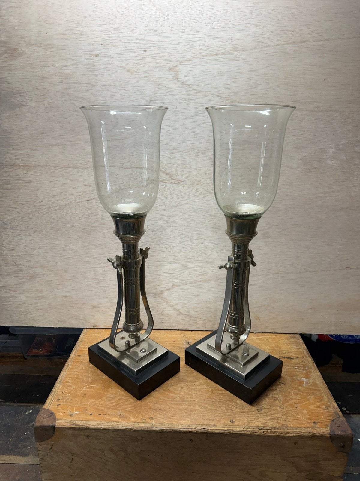 2x Vintage Windlicht Zwart met Chroom - Stijlvolle Set, Windlicht, Gebruikt, Ophalen of Verzenden, Metaal