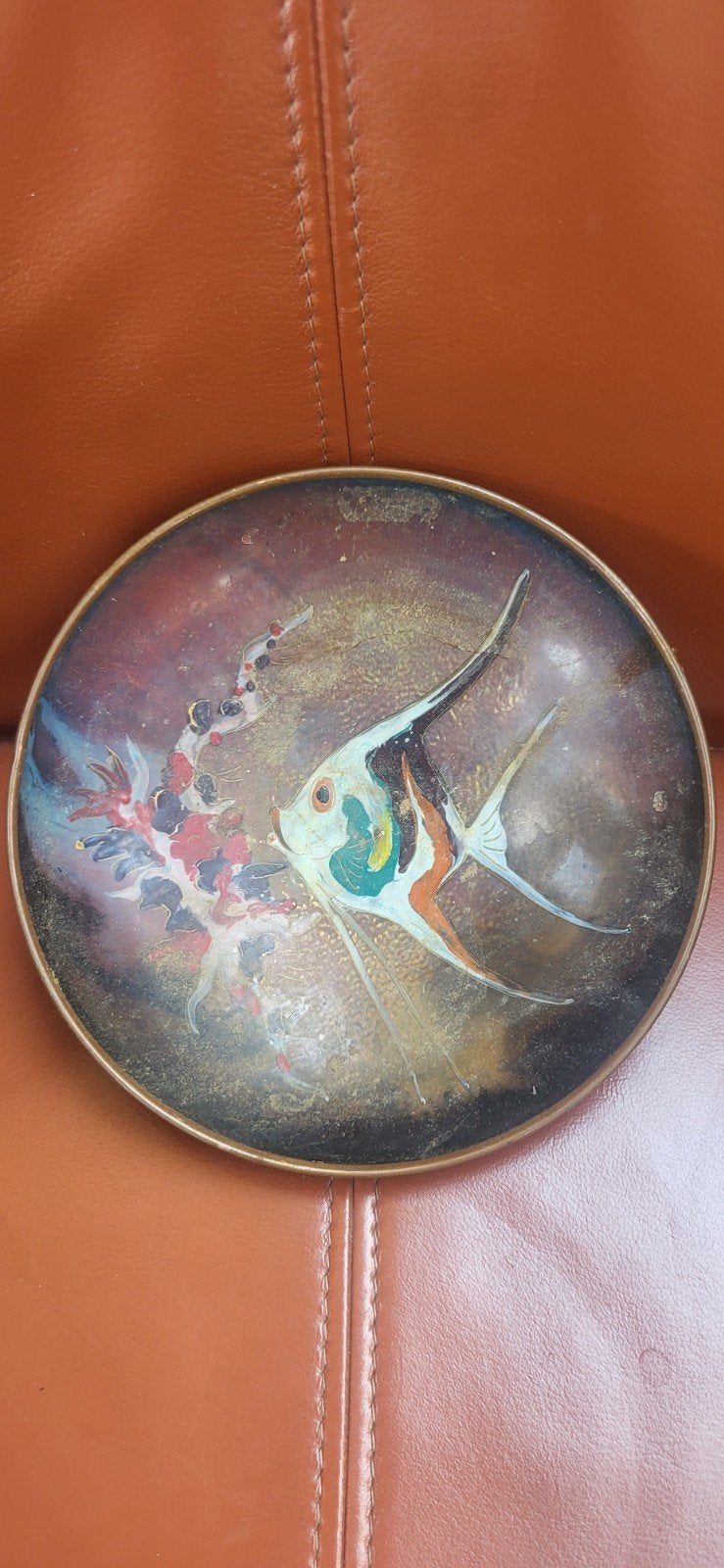 Vintage Koperen Schaal met Vissen Emaille Decoratie, Ophalen of Verzenden