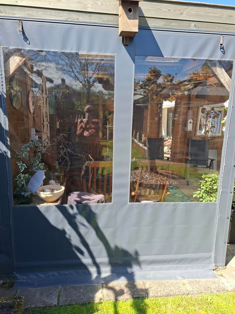 Zijkleed voor overkapping - Grijs met ramen, Tuin en Terras, Overkappingen, Ophalen of Verzenden, Gebruikt, Overige typen