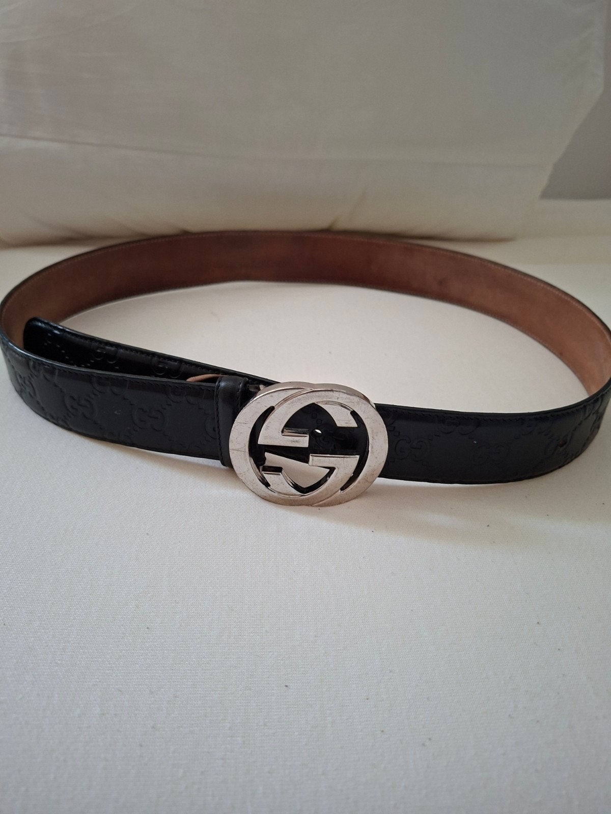 Gucci GG Supreme Riem Zwart Leer met Zilveren Gesp, 3 tot 5 cm, 90 tot 100 cm, Heupriem, Ophalen of Verzenden