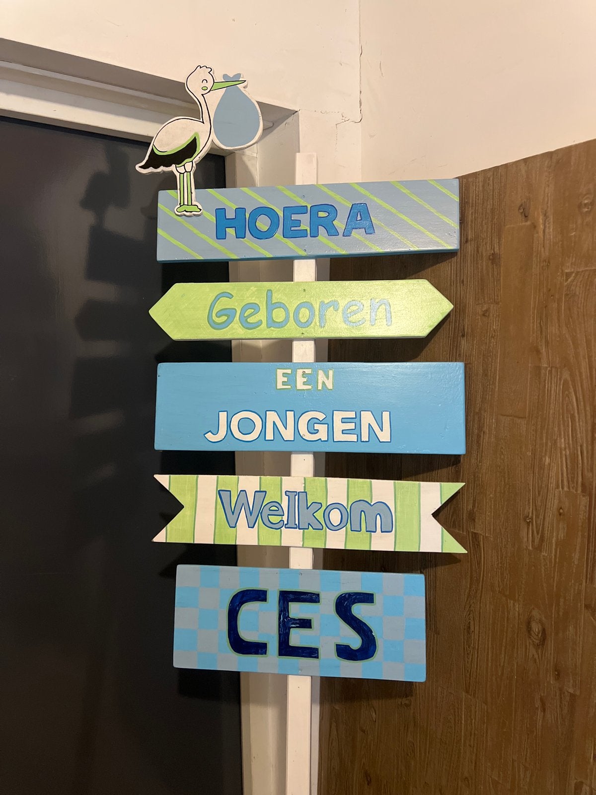 Geboortebord 'Hoera een jongen', Ophalen, Zo goed als nieuw, Geboortebord