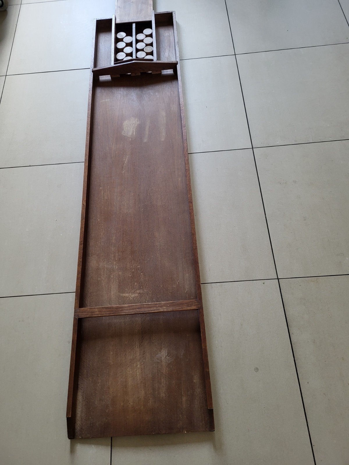 Vintage SJOELBAK 2 meter lang incl 30 sjoelstenen 200 x 45cm, Vijf spelers of meer, Ophalen, Gebruikt