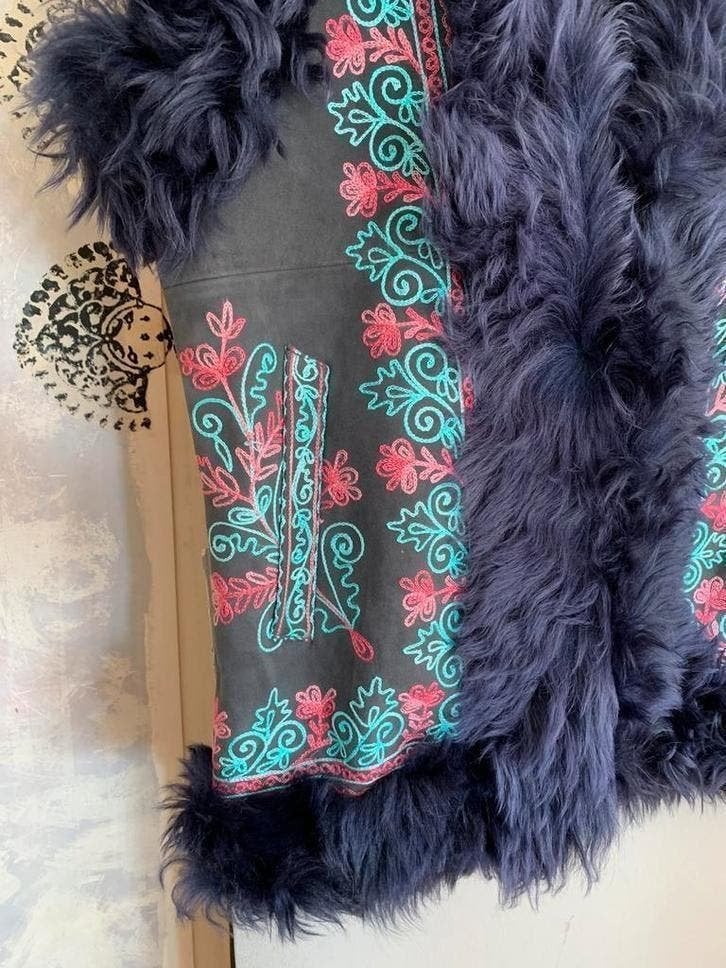 Vintage afghaanse waistcoat M bohemian embroidery gilet, Maat 38/40 (M), -, Blauw, -