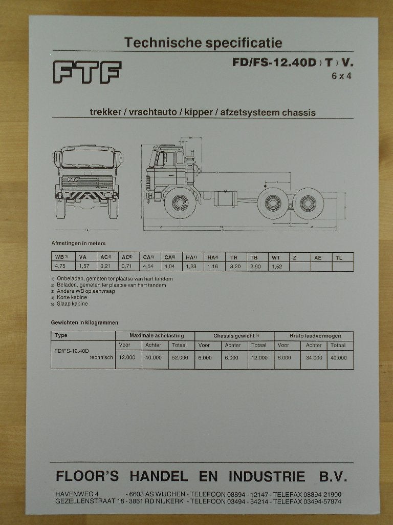 FTF 6x4 ca 1990 Technische Specificatie Brochure, FTF, Ophalen of Verzenden, Zo goed als nieuw, Overige merken