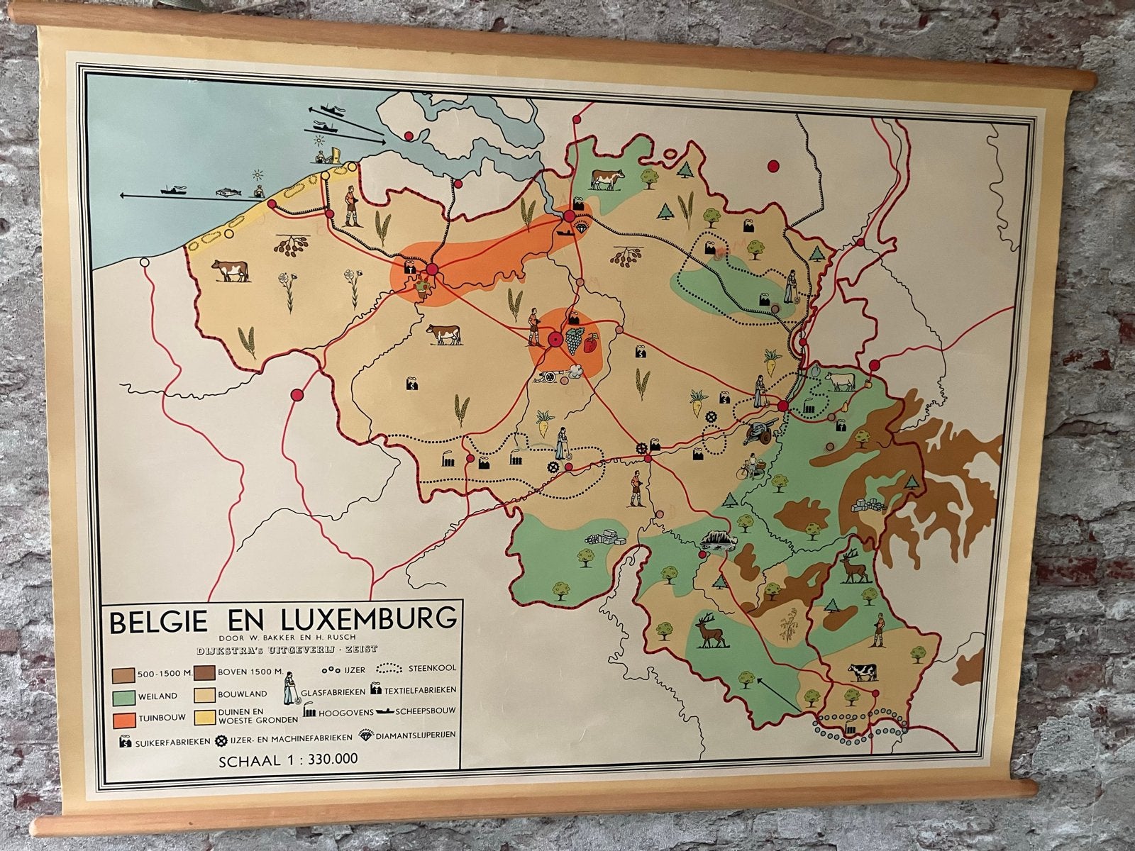Oude schoolkaart België en Luxemburg - Dijkstra's Uitgeverij, Ophalen of Verzenden, België of Luxemburg, 1800 tot 2000, Landkaart