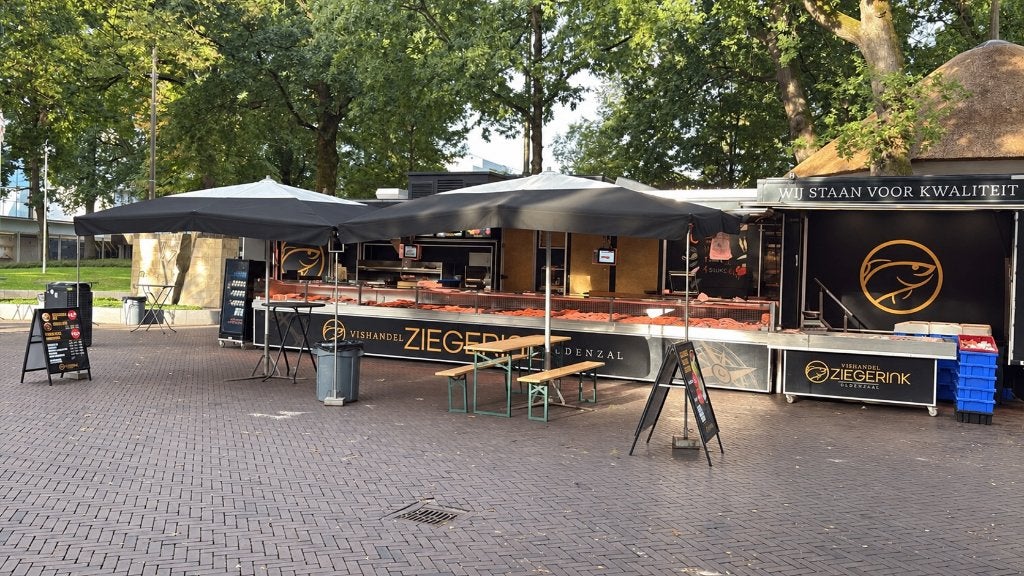 6 professionele markt-parasols incl. alle toebehoren, Tuin en Terras, Ophalen, Gebruikt