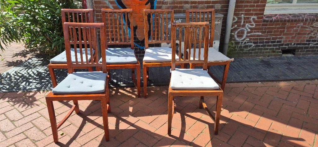 6 Teak houten eetkamer stoelen, Huis en Inrichting, Stoelen, Ophalen, Gebruikt, Bruin, Vijf, Zes of meer stoelen