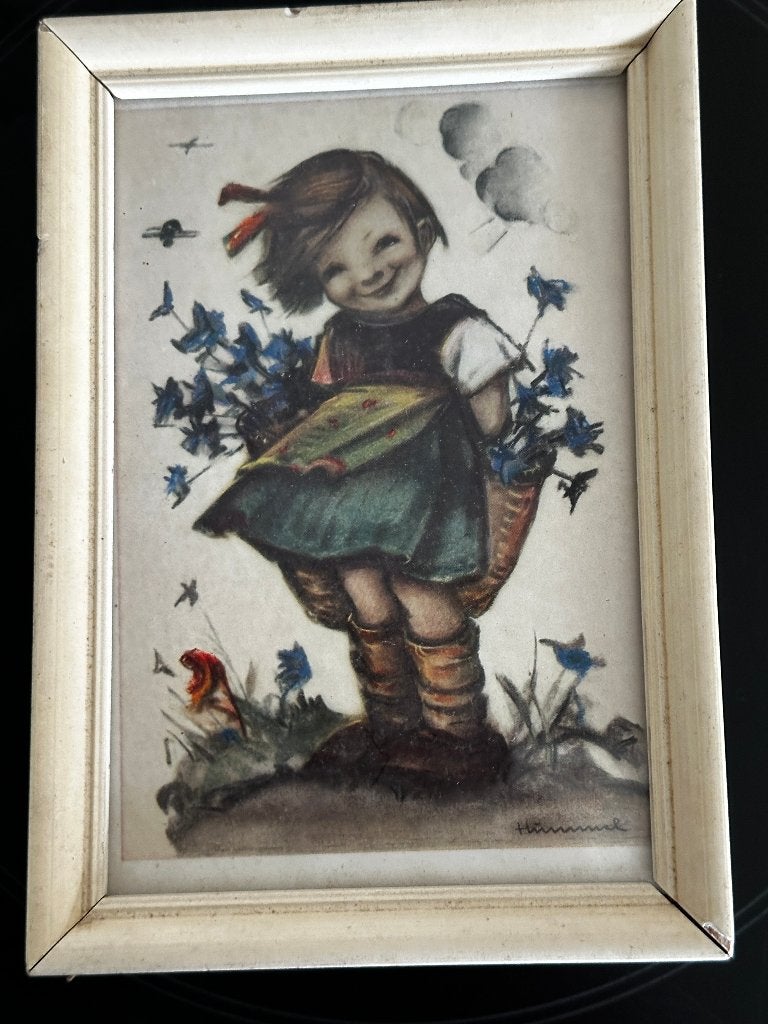 Vintage Hummel Schilderijtje | Meisje met Korenbloemen, Verzamelen, Ophalen, Gebruikt, Voor 1940, Prent