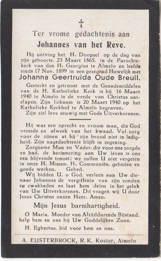 Johannes van het Reve 1865 Almelo + 1940 Almelo, 74 jaar oud, Verzamelen, Bidprentjes en Rouwkaarten, Verzenden
