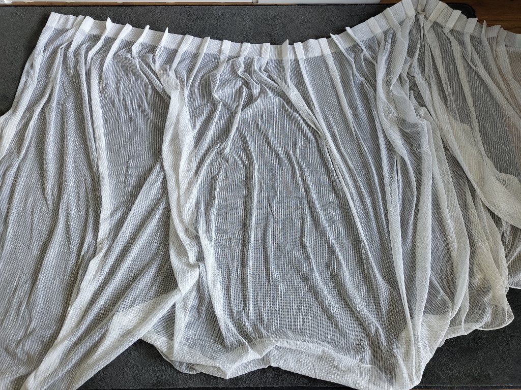 4 stuk wit glinster vitrage met roedes (2x 233cm, 2x 303cm), Ophalen, Gebruikt, Overige merken, Zilver