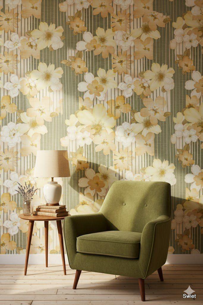 5578 Behang bloemen strepen groen geel seventies swiet, Verzenden, 50 tot 75 m², Wit