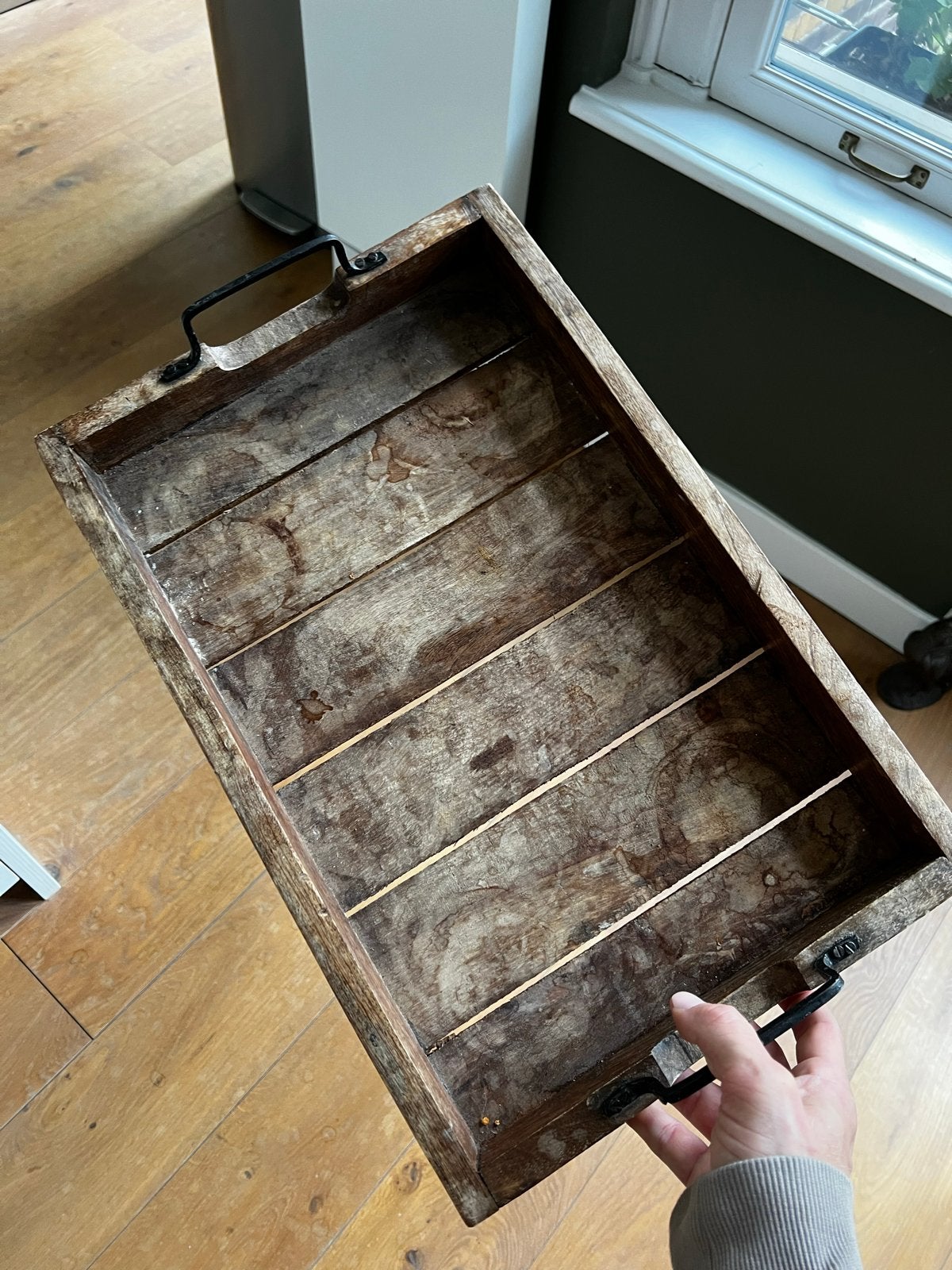 Houten dienblad met metalen handvatten, 30x46x5cm, Ophalen, Gebruikt, Dienblad, Met handvatten