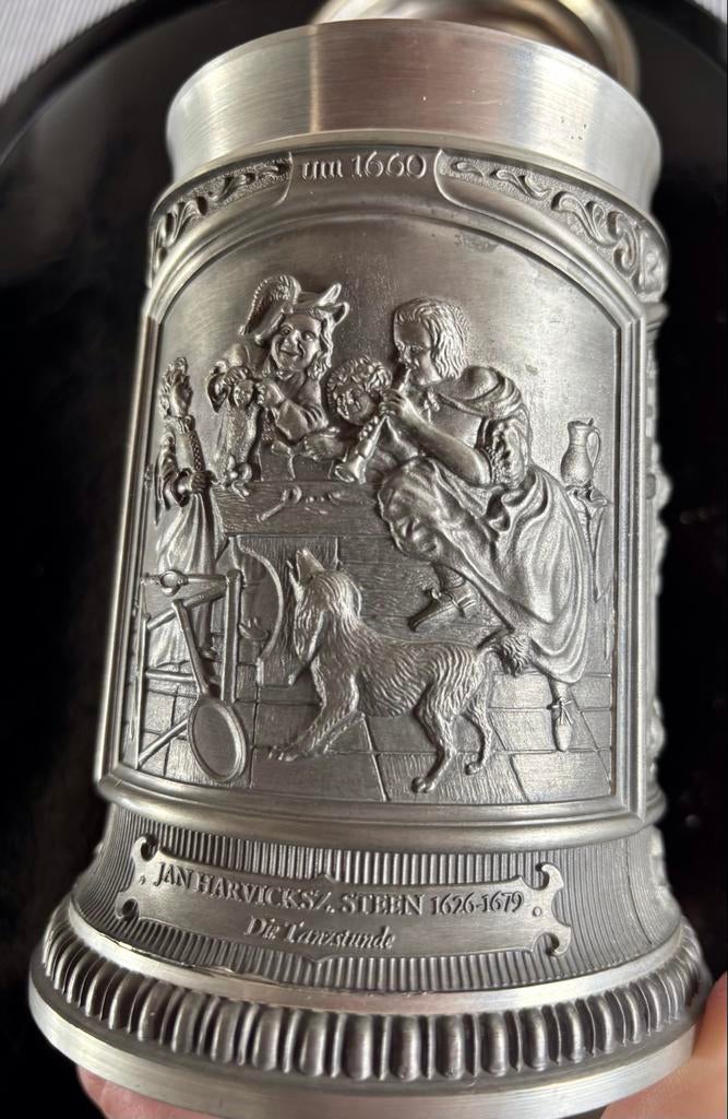 Vintage Tinnen Bierpul met Gedetailleerde Reliëfafbeeldingen, Antiek en Kunst, Antiek | Tin, Ophalen of Verzenden