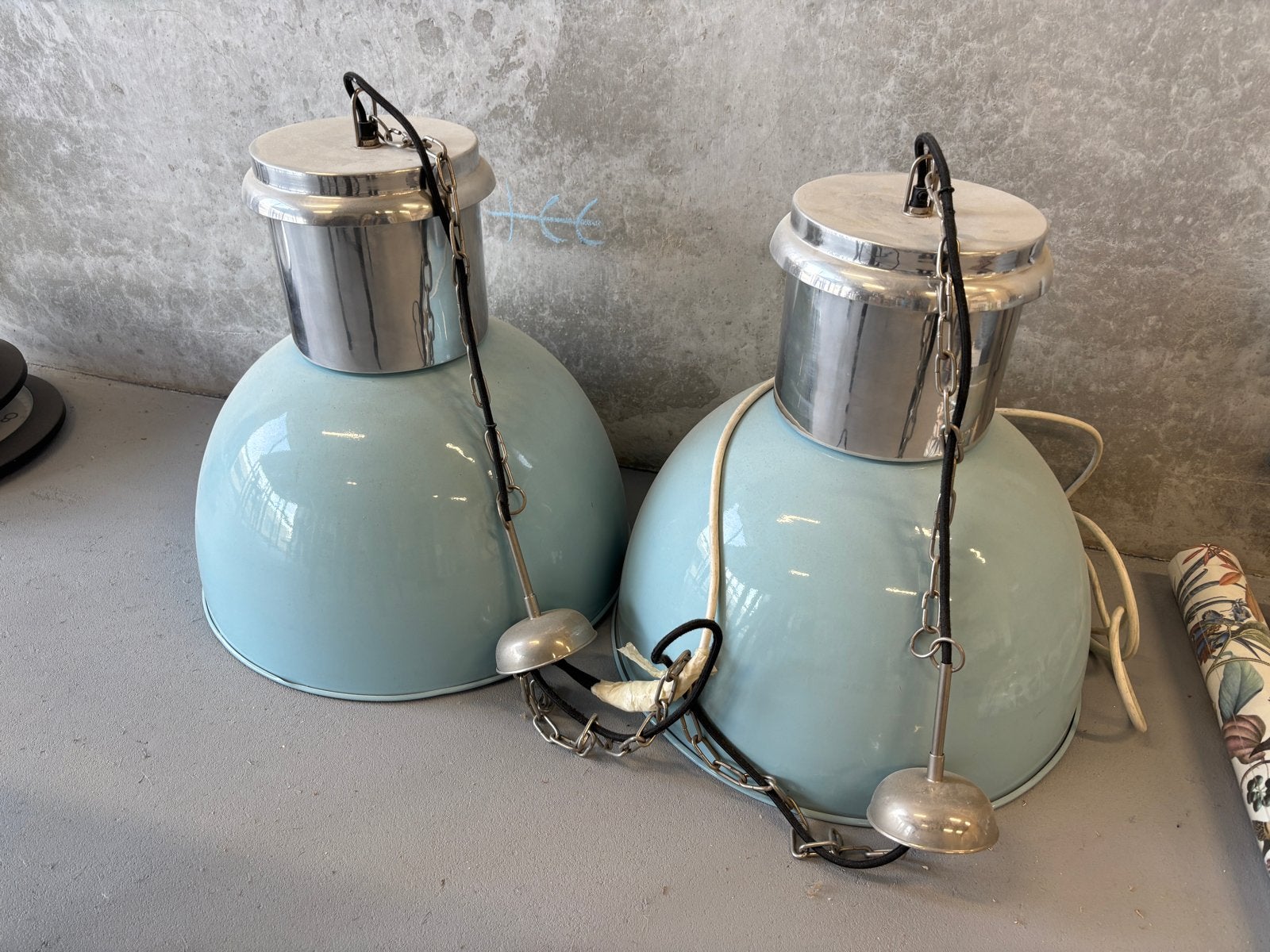 3 Grote retro industriële lampen - lichtblauw, Ophalen, Gebruikt, E27 (groot), Metaal